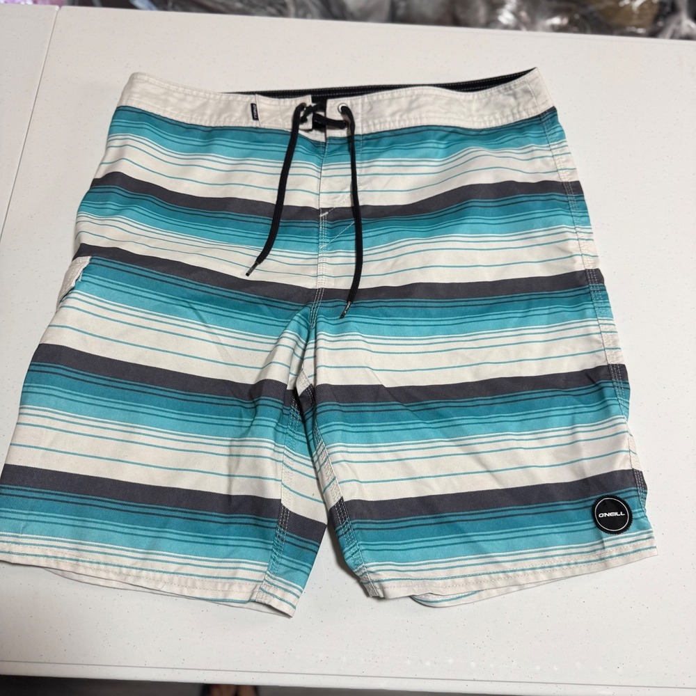 ONeill Board Shorts Mens 34 Blue Aqua Striped Surf Swim Trunks